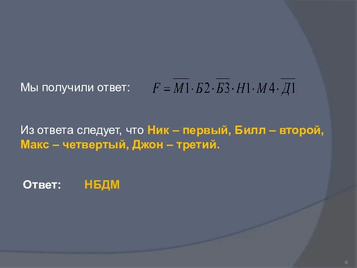 Мы получили ответ: Из ответа следует, что Ник – первый, Билл –