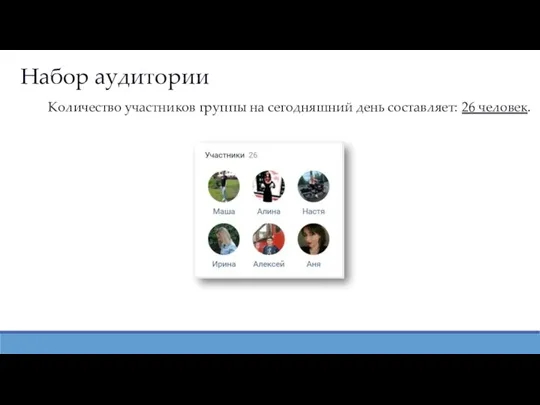 Набор аудитории Количество участников группы на сегодняшний день составляет: 26 человек.