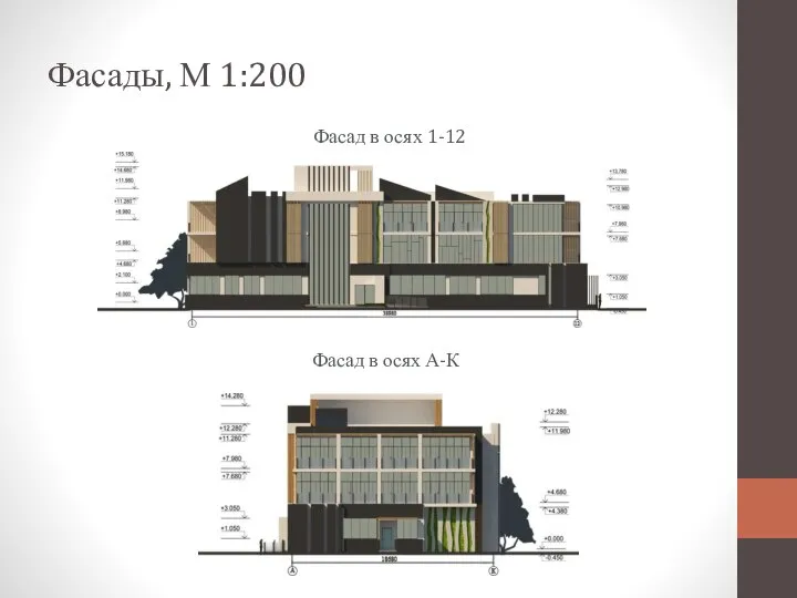 Фасады, М 1:200 Фасад в осях А-К Фасад в осях 1-12