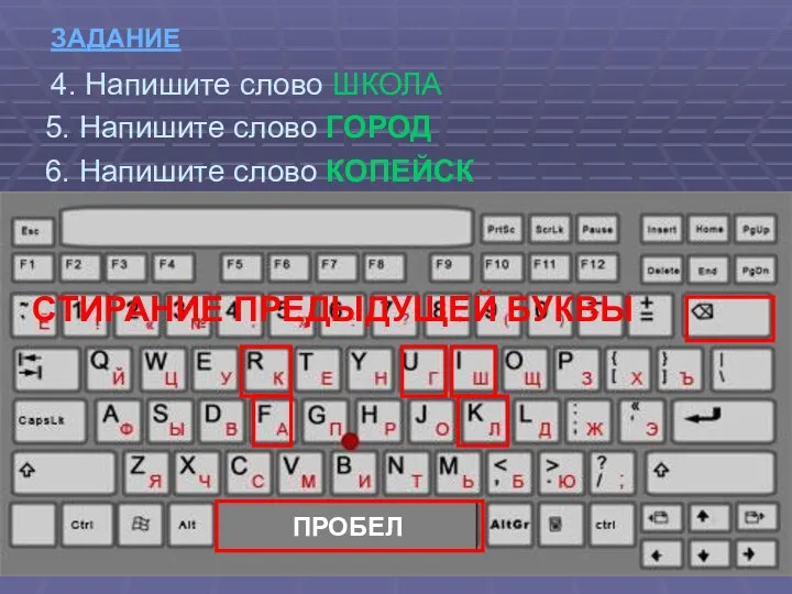 ЗАДАНИЕ 4. Напишите слово ШКОЛА СТИРАНИЕ ПРЕДЫДУЩЕЙ БУКВЫ 5. Напишите слово ГОРОД