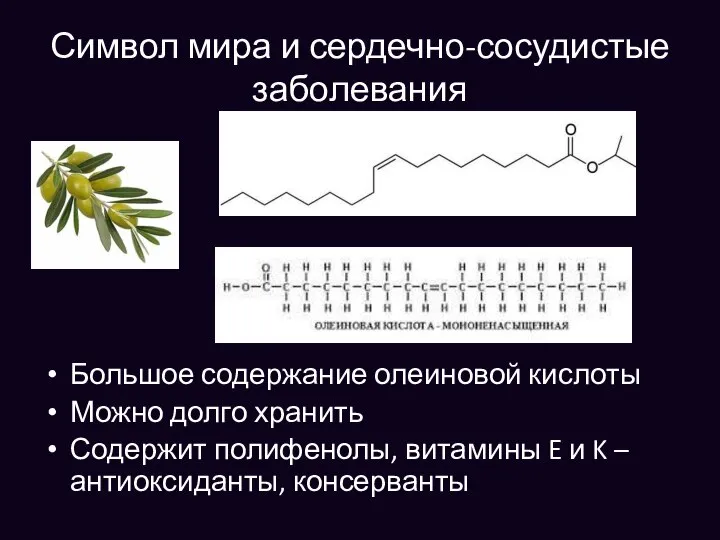 Символ мира и сердечно-сосудистые заболевания Большое содержание олеиновой кислоты Можно долго хранить