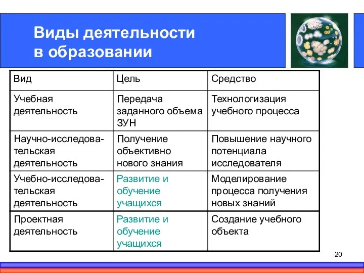 Виды деятельности в образовании