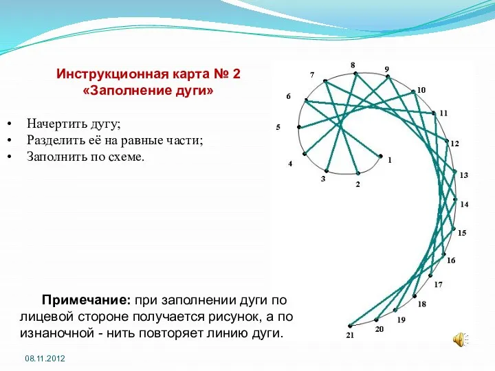 08.11.2012 Инструкционная карта № 2 «Заполнение дуги» Начертить дугу; Разделить её на