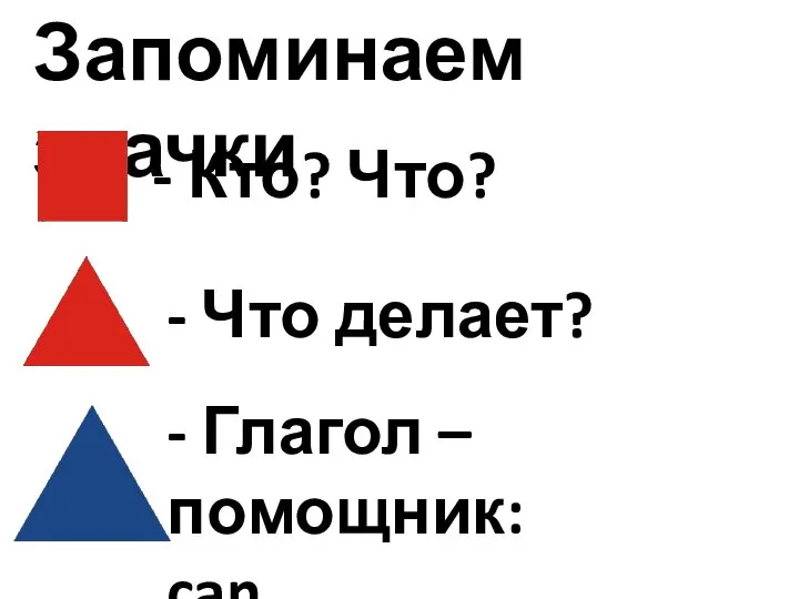 Запоминаем значки - Кто? Что? - Что делает? - Глагол – помощник: can