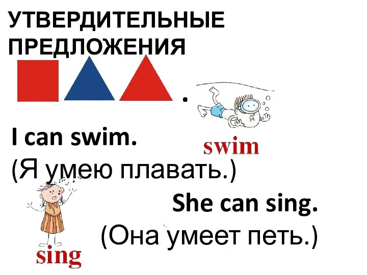 УТВЕРДИТЕЛЬНЫЕ ПРЕДЛОЖЕНИЯ I can swim. (Я умею плавать.) She can sing. (Она умеет петь.) .