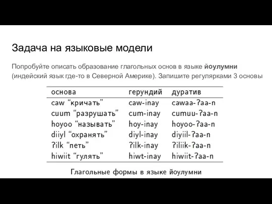 Задача на языковые модели Попробуйте описать образование глагольных основ в языке йоулумни