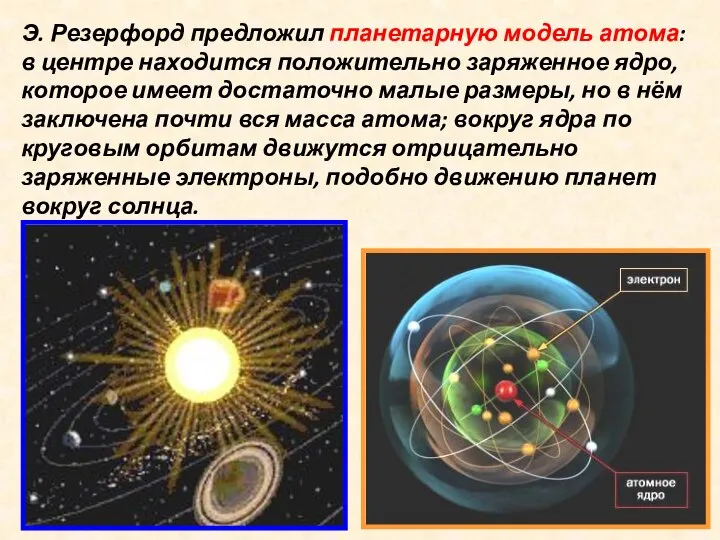 Э. Резерфорд предложил планетарную модель атома: в центре находится положительно заряженное ядро,