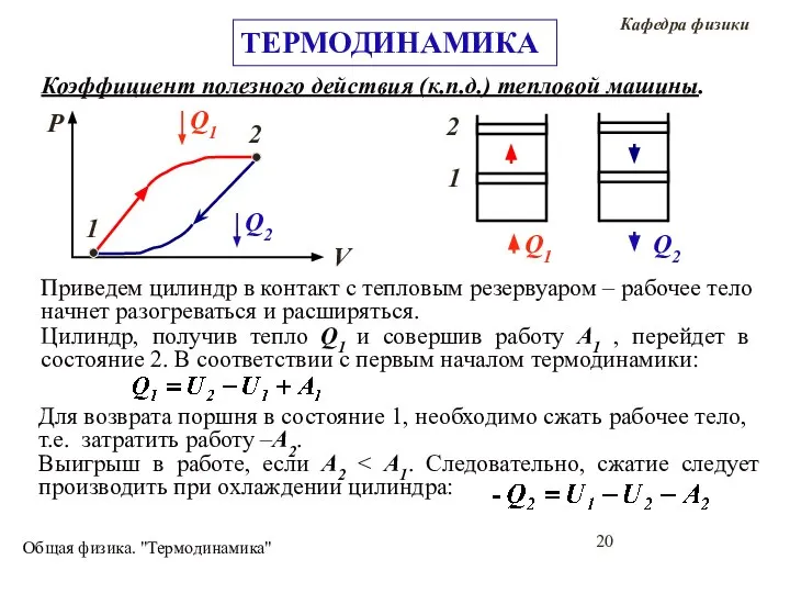 Общая физика. "Термодинамика" Коэффициент полезного действия (к.п.д.) тепловой машины. 1 2 P