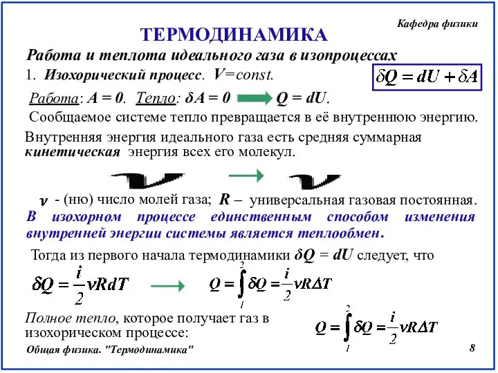 Работа и теплота идеального газа в изопроцессах 1. Изохорический процесс. V=const. Внутренняя