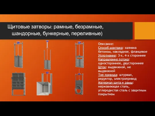 Щитовые затворы: рамные, безрамные, шандорные, бункерные, переливные) Описание: Способ монтажа: заливка бетоном,