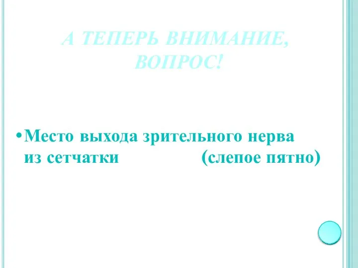 А ТЕПЕРЬ ВНИМАНИЕ, ВОПРОС! Место выхода зрительного нерва из сетчатки (слепое пятно)