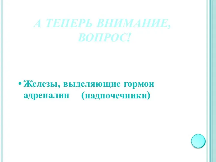 А ТЕПЕРЬ ВНИМАНИЕ, ВОПРОС! Железы, выделяющие гормон адреналин (надпочечники)