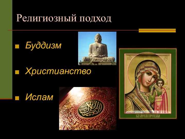 Религиозный подход Буддизм Христианство Ислам