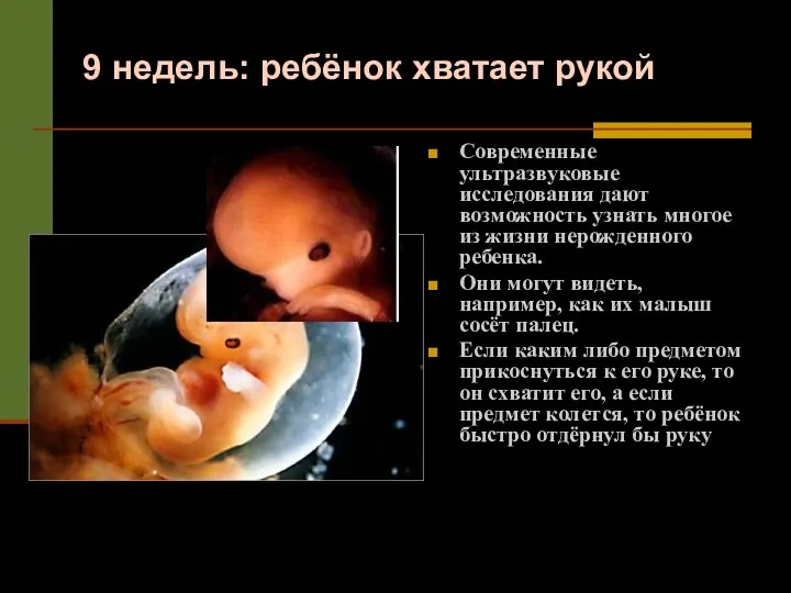 9 недель: ребёнок хватает рукой Современные ультразвуковые исследования дают возможность узнать многое