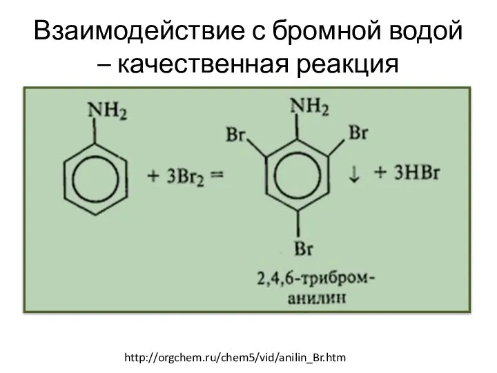 Взаимодействие с бромной водой – качественная реакция http://orgchem.ru/chem5/vid/anilin_Br.htm