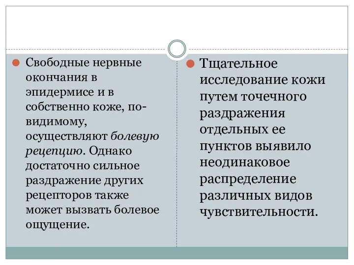 Свободные нервные окончания в эпидермисе и в собственно коже, по-видимому, осуществляют болевую