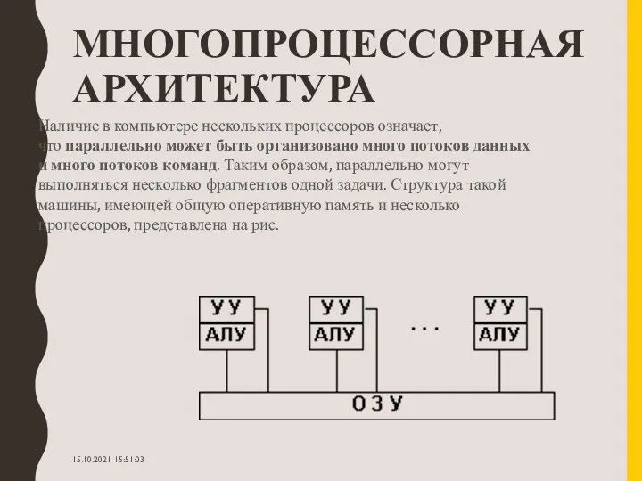 МНОГОПРОЦЕССОРНАЯ АРХИТЕКТУРА Наличие в компьютере нескольких процессоров означает, что параллельно может быть