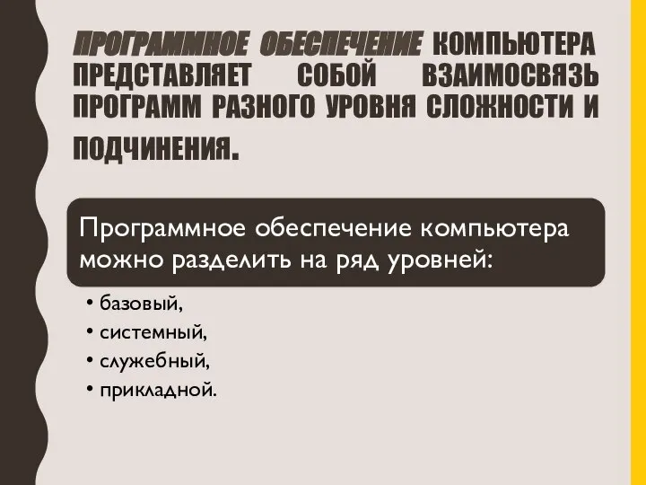 ПРОГРАММНОЕ ОБЕСПЕЧЕНИЕ КОМПЬЮТЕРА ПРЕДСТАВЛЯЕТ СОБОЙ ВЗАИМОСВЯЗЬ ПРОГРАММ РАЗНОГО УРОВНЯ СЛОЖНОСТИ И ПОДЧИНЕНИЯ.