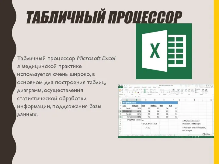 ТАБЛИЧНЫЙ ПРОЦЕССОР Табличный процессор Microsoft Excel в медицинской практике используется очень широко,