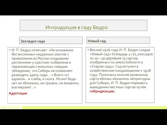 Интродукция в саду Бедро Закладка сада И. П. Бедро отмечает: «На основании