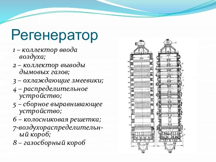 Регенератор 1 – коллектор ввода воздуха; 2 – коллектор выводы дымовых газов;