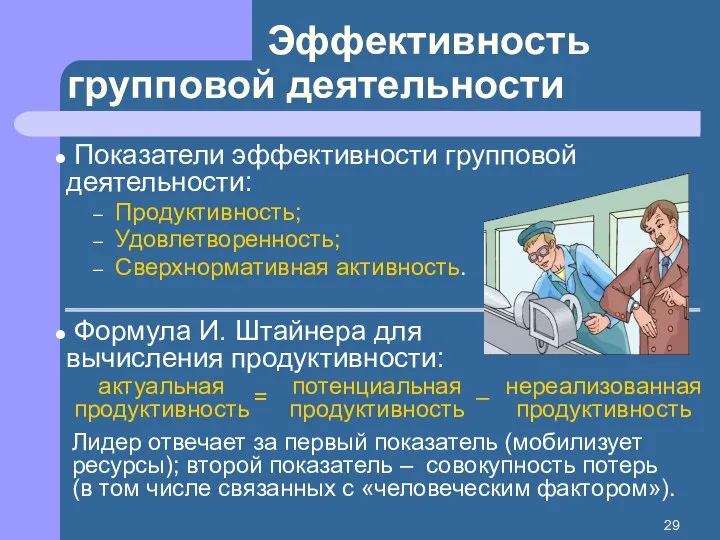 Эффективность групповой деятельности Формула И. Штайнера для вычисления продуктивности: Показатели эффективности групповой