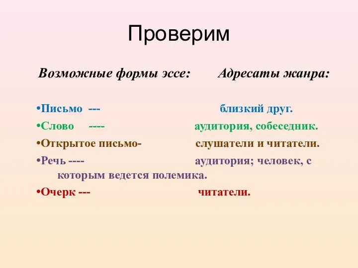 Проверим Возможные формы эссе: Адресаты жанра: Письмо --- близкий друг. Слово ----