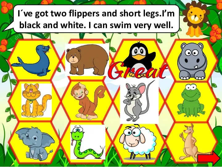 I´ve got two flippers and short legs.I’m black and white. I can swim very well. Great