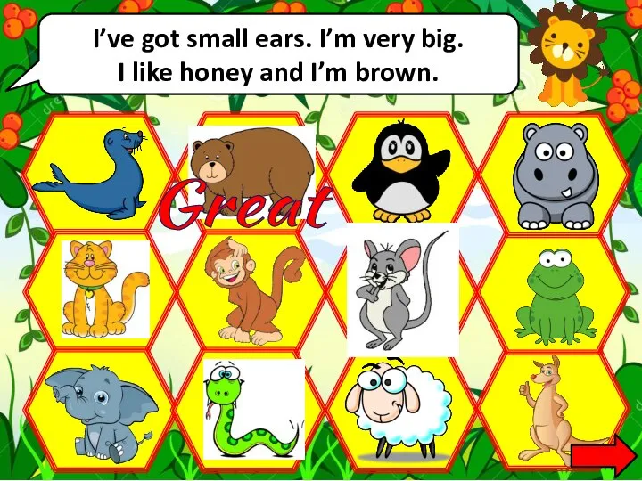 I’ve got small ears. I’m very big. I like honey and I’m brown. Great