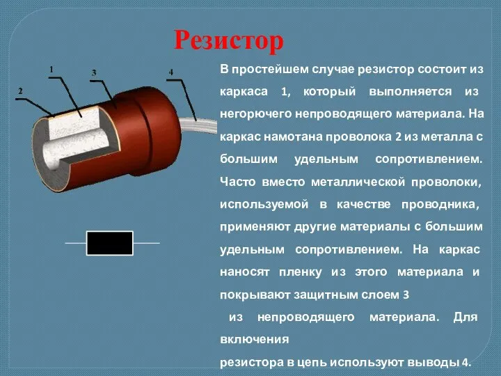 Резистор В простейшем случае резистор состоит из каркаса 1, который выполняется из