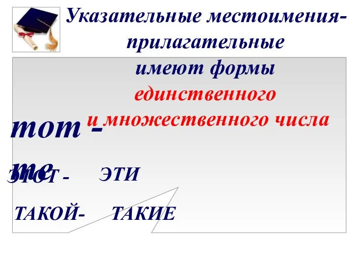 тот - те Указательные местоимения-прилагательные имеют формы единственного и множественного числа ЭТОТ - ЭТИ ТАКОЙ- ТАКИЕ