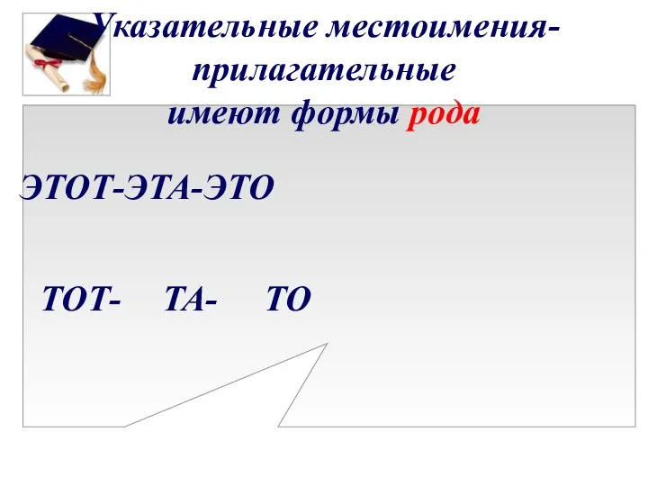 ЭТОТ-ЭТА-ЭТО Указательные местоимения-прилагательные имеют формы рода ТОТ- ТА- ТО