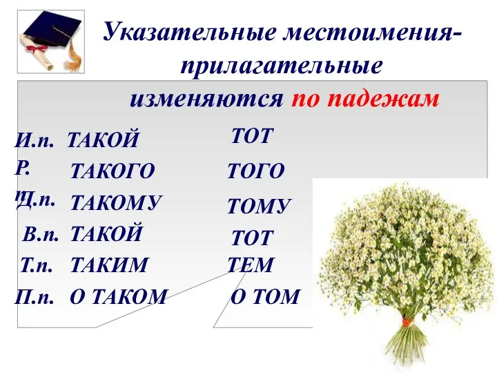 ТАКОЙ ТАКОГО ТАКОМУ ТАКОЙ ТАКИМ О ТАКОМ И.п. Р.п. Д.п. В.п. Т.п.