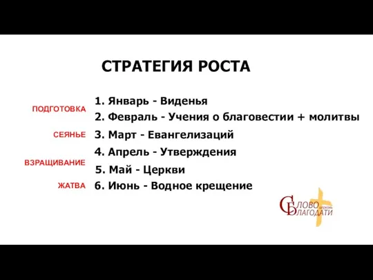 СТРАТЕГИЯ РОСТА 1. Январь - Виденья 2. Февраль - Учения о благовестии