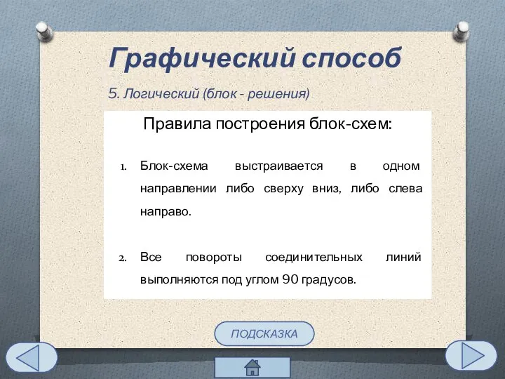 5. Логический (блок - решения) Изображает операцию условного перехода Имеет один вход