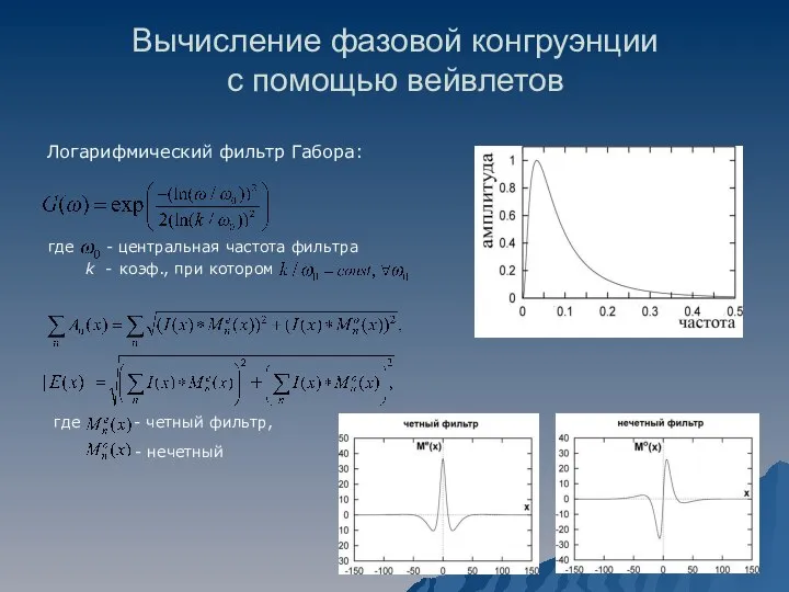 Вычисление фазовой конгруэнции с помощью вейвлетов Логарифмический фильтр Габора: где - центральная