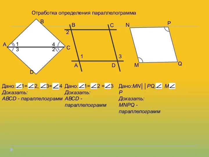 Отработка определения параллелограмма А В С D 1 2 3 4 B