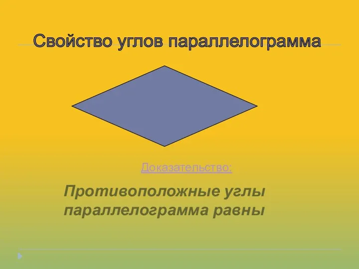 Противоположные углы параллелограмма равны Свойство углов параллелограмма Доказательство: