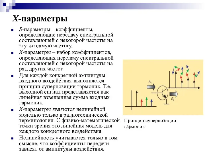 X-параметры S-параметры – коэффициенты, определяющие передачу спектральной составляющей с некоторой частоты на