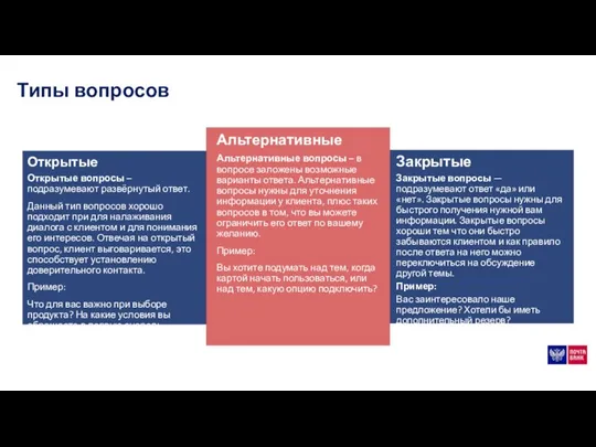 Типы вопросов Открытые Открытые вопросы – подразумевают развёрнутый ответ. Данный тип вопросов