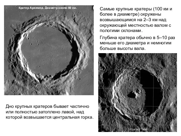 Самые крупные кратеры (100 км и более в диаметре) окружены возвышающимся на