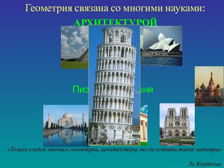 Геометрия связана со многими науками: АРХИТЕКТУРОЙ «Только следуя законам геометрии, архитекторы могли