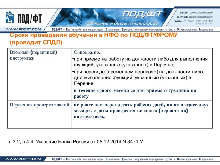 Сроки проведения обучения в НФО по ПОД/ФТ/ФРОМУ (проводит СПДЛ) п.3.2, п.4.4, Указание