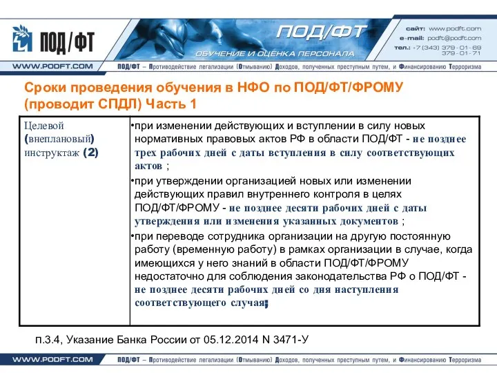 Сроки проведения обучения в НФО по ПОД/ФТ/ФРОМУ (проводит СПДЛ) Часть 1 п.3.4,