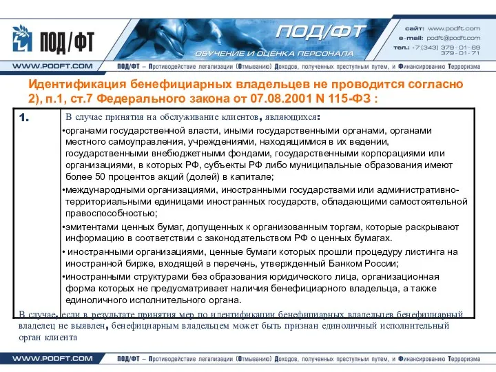 Идентификация бенефициарных владельцев не проводится согласно 2), п.1, ст.7 Федерального закона от