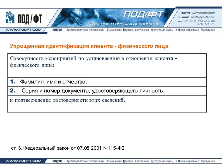 Упрощенная идентификация клиента - физического лица ст. 3, Федеральный закон от 07.08.2001 N 115-ФЗ