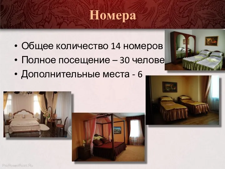 Номера Общее количество 14 номеров Полное посещение – 30 человек Дополнительные места - 6 ProPowerPoint.Ru