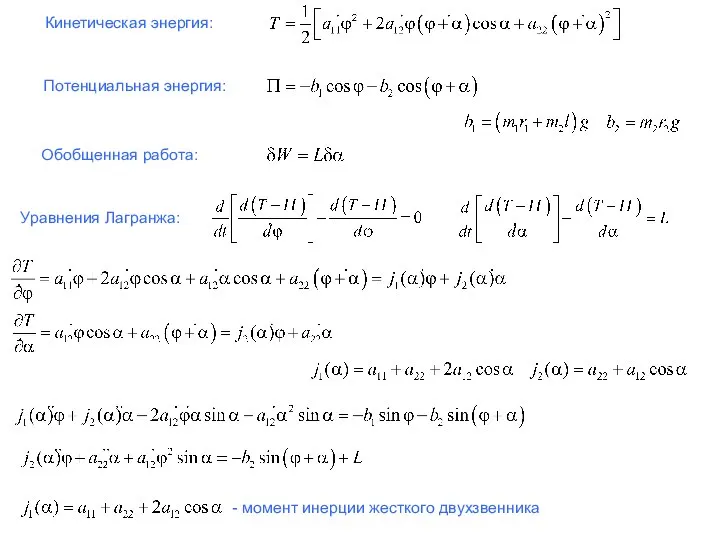Кинетическая энергия: Потенциальная энергия: Обобщенная работа: Уравнения Лагранжа: - момент инерции жесткого двухзвенника
