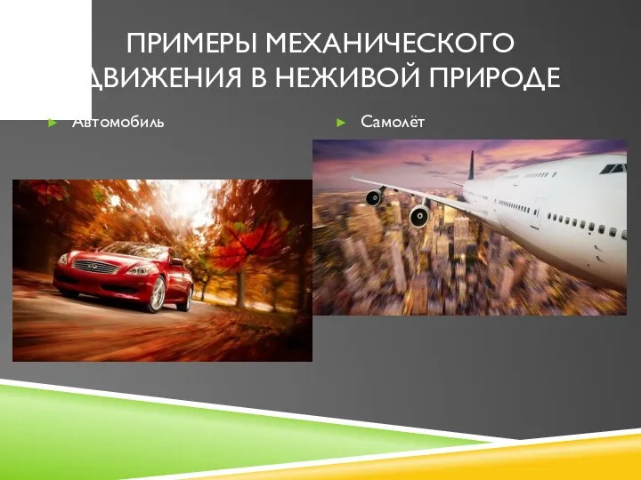 ПРИМЕРЫ МЕХАНИЧЕСКОГО ДВИЖЕНИЯ В НЕЖИВОЙ ПРИРОДЕ Автомобиль Самолёт