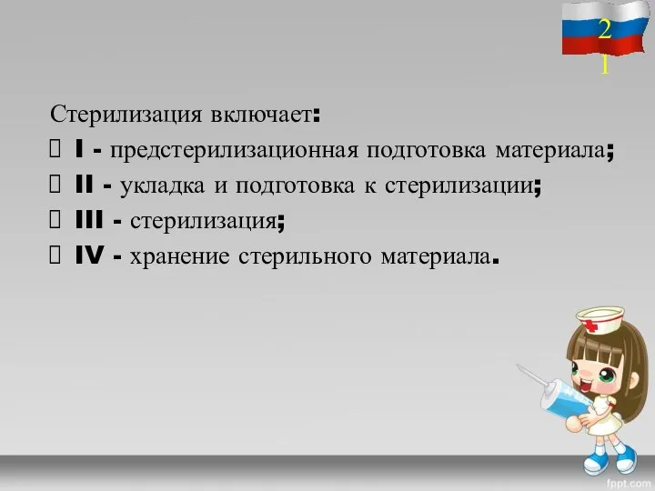 Стерилизация включает: I - предстерилизационная подготовка материала; II - укладка и подготовка